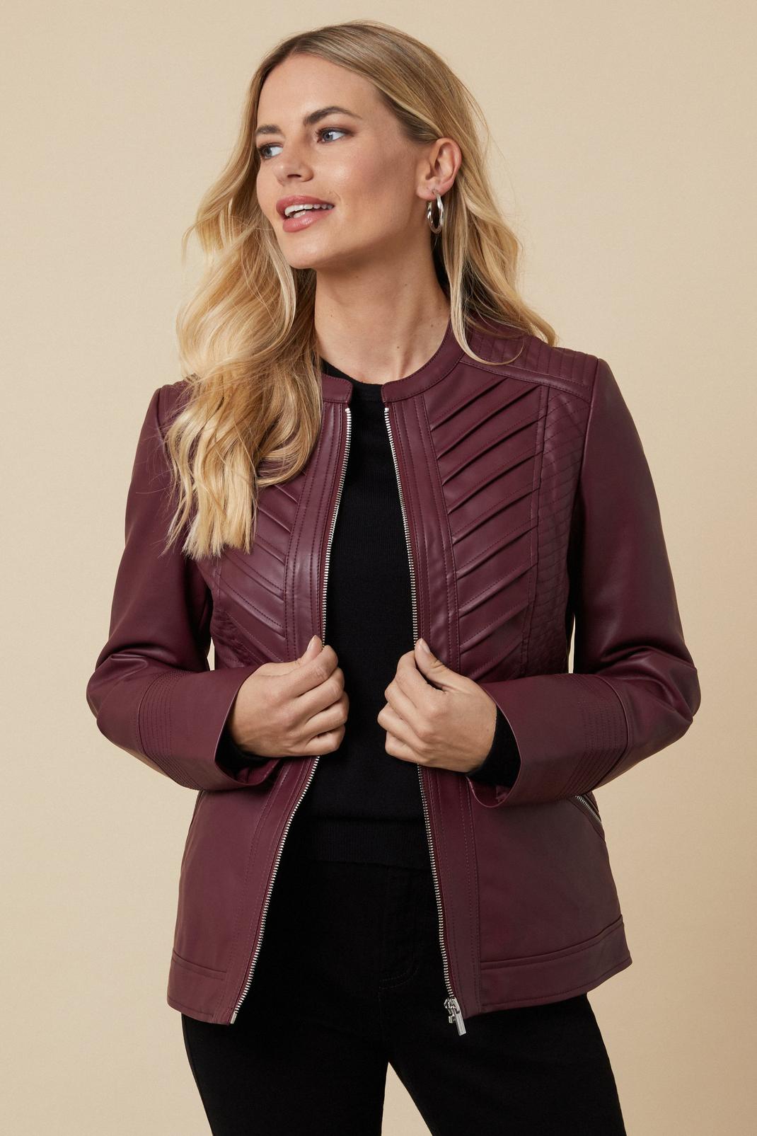 Berry Petite Faux Leather Collarless Zip Jacket image number 1