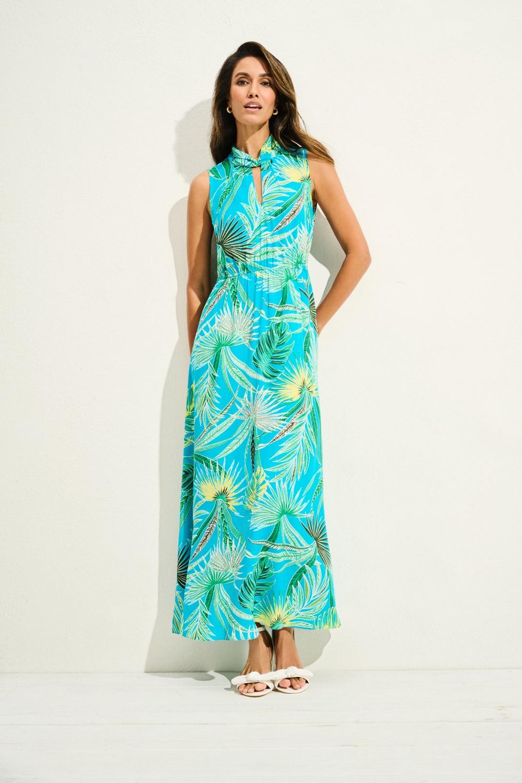 106 Petite Blue Palm Halter Neck Dress image number 2