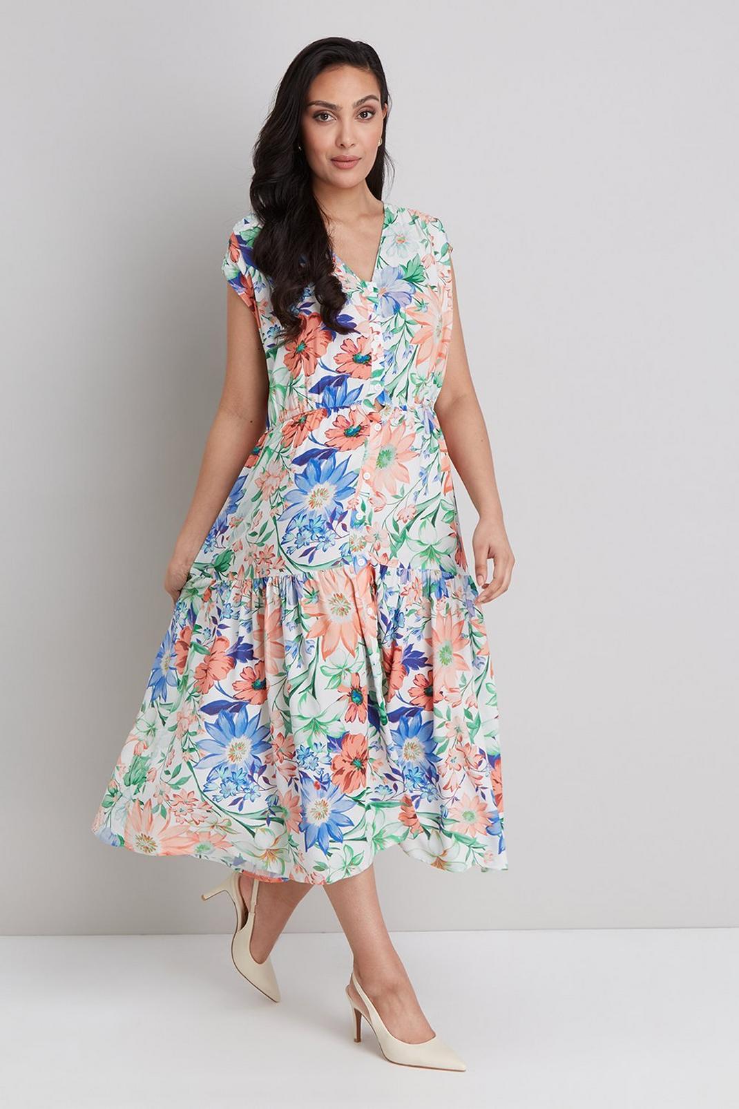 Coral Petite Floral Print Button Through Dress image number 1