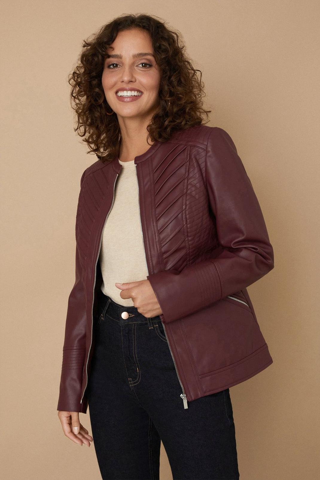 Berry Faux Leather Collarless Zip Jacket image number 1