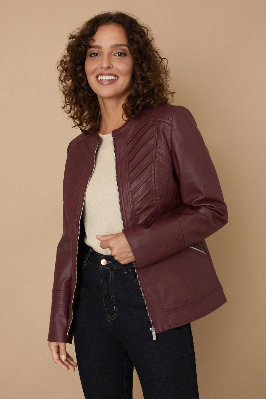 Faux Leather Collarless Zip Jacket