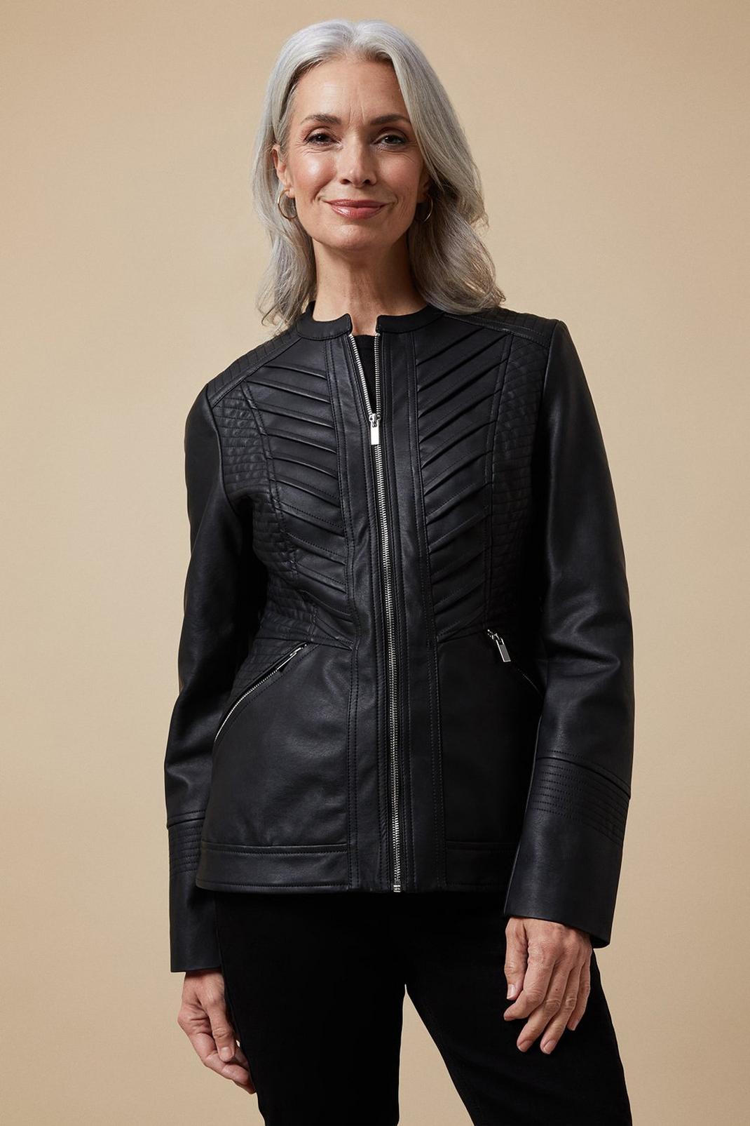 Black Faux Leather Collarless Zip Jacket image number 1