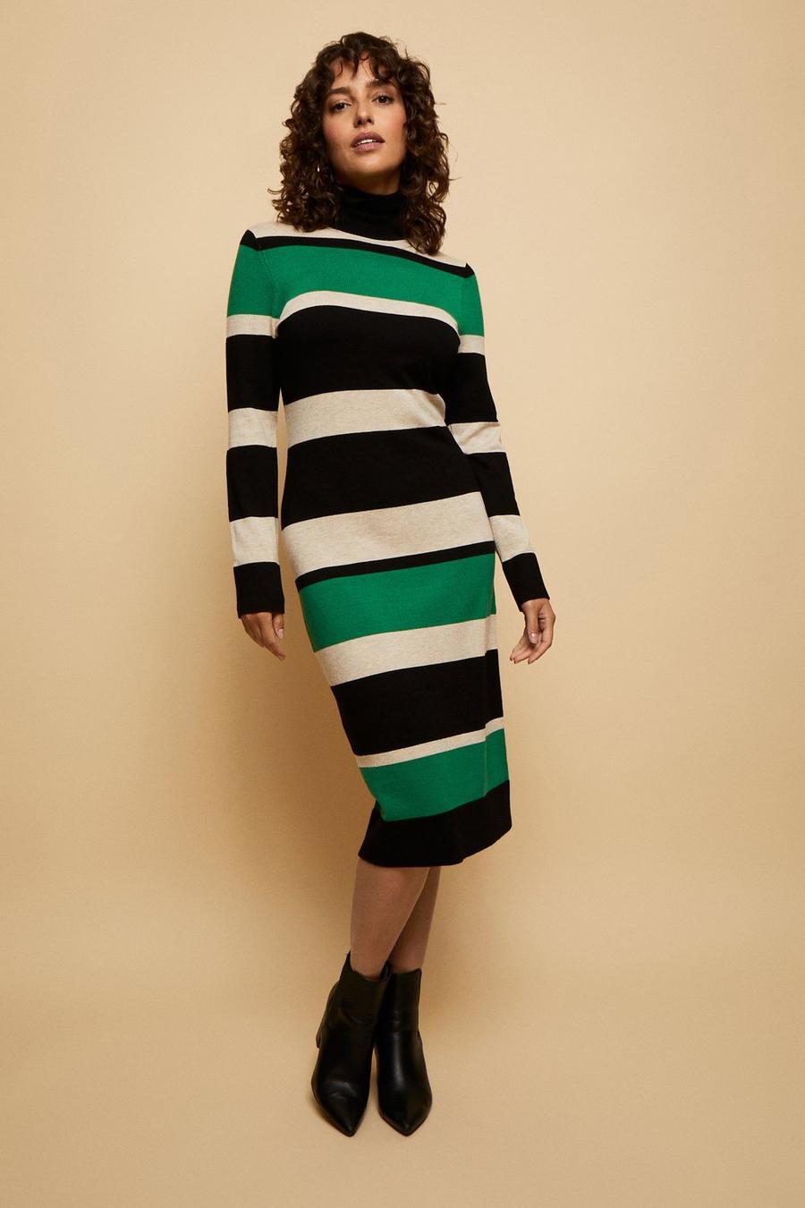 Multi Stripe Polo Neck Knitted Dress