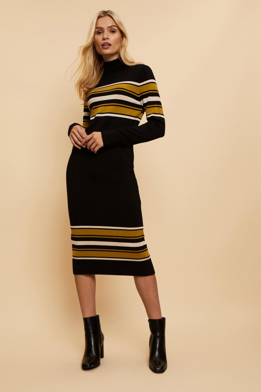 Tall Ochre Block Stripe Polo Knitted  Dress