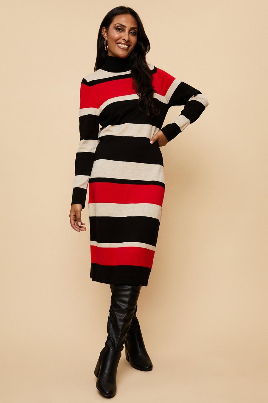 Petite Red Stripe Polo Neck Knitted Dress