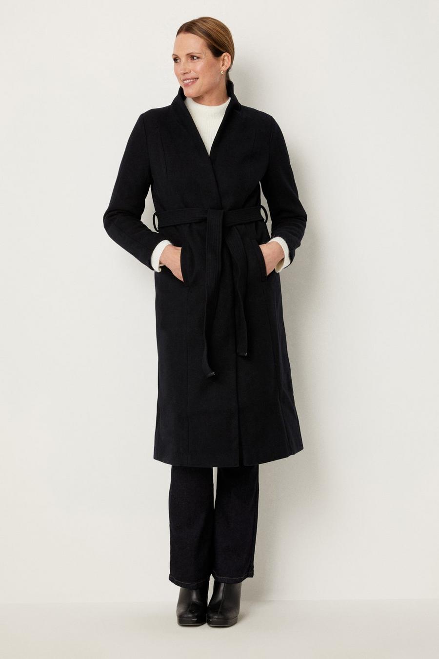 Smart Belted Collarless Wrap Coat