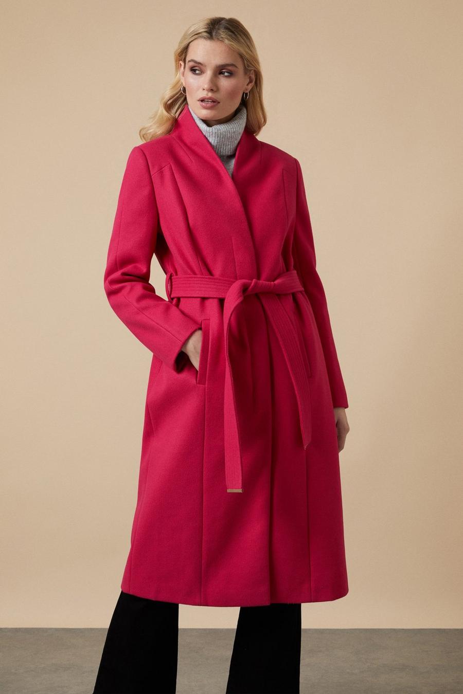Smart Belted Collarless Wrap Coat
