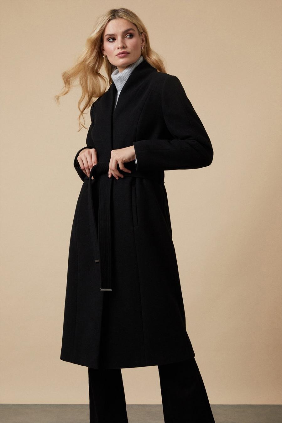 Black Smart Belted Collarless Wrap Coat