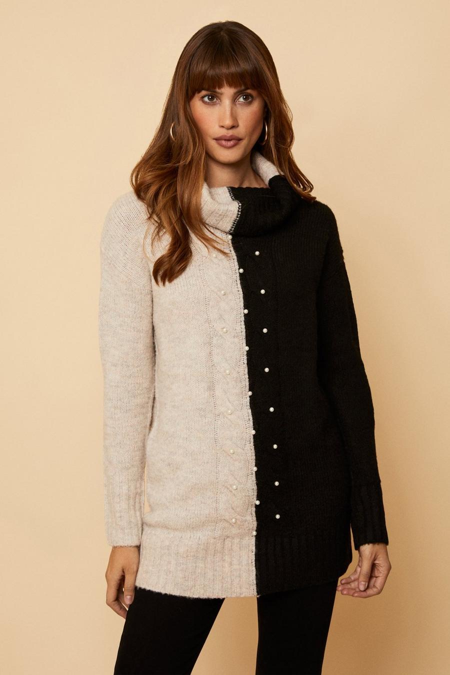 Cable knit Pearl Front Contrast Jumper