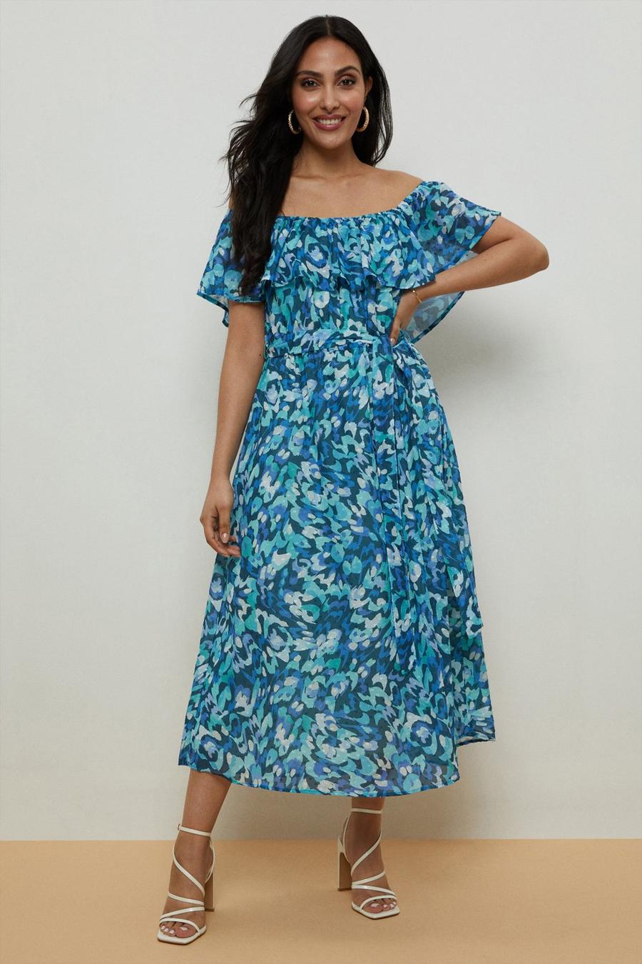 Petite Blue Abstract Off Shoulder Dress