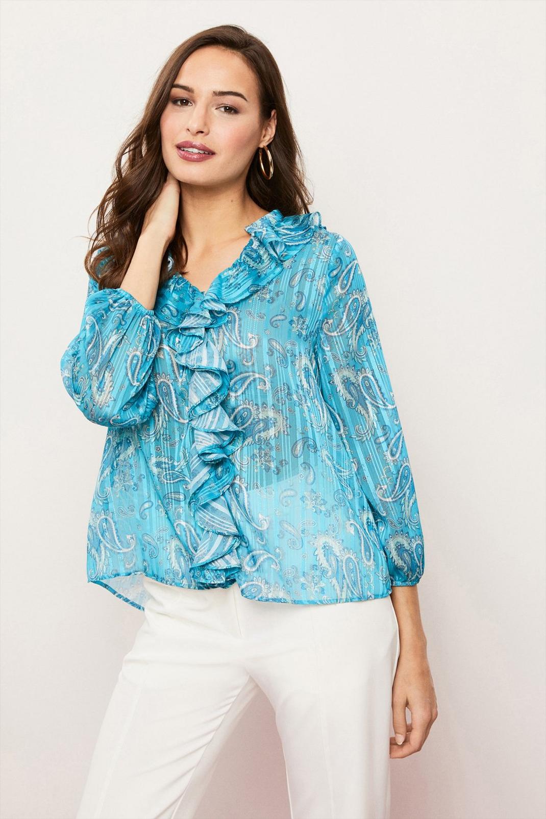 Teal Paisley Ruffle Top image number 1