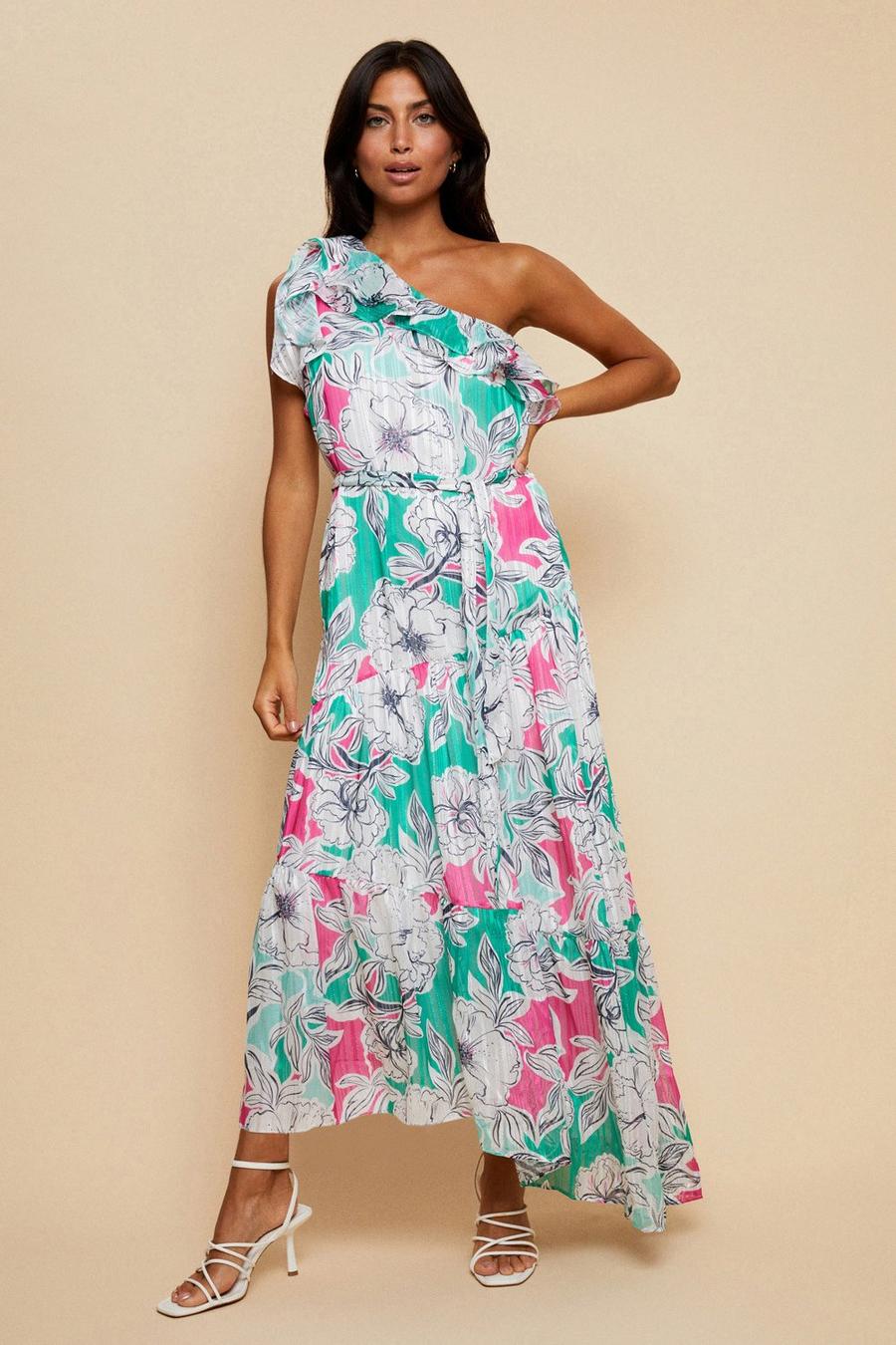 Green And Pink One Shoulder Maxi Dress