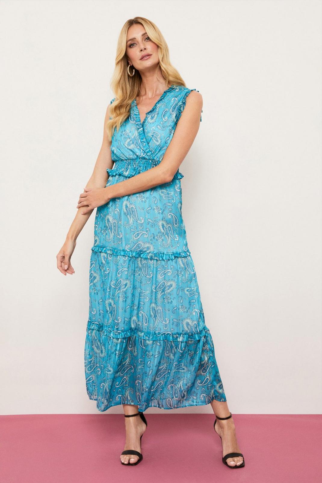 Teal Paisley Tiered Maxi Dress image number 1