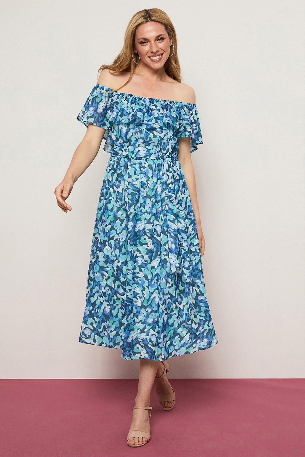 Blue Abstract Off-shoulder Dress image number 1