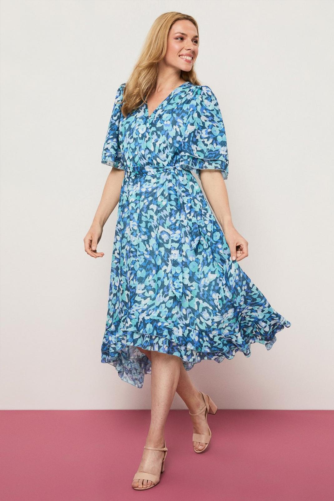 Blue Abstract Wrap Midi Dress image number 1