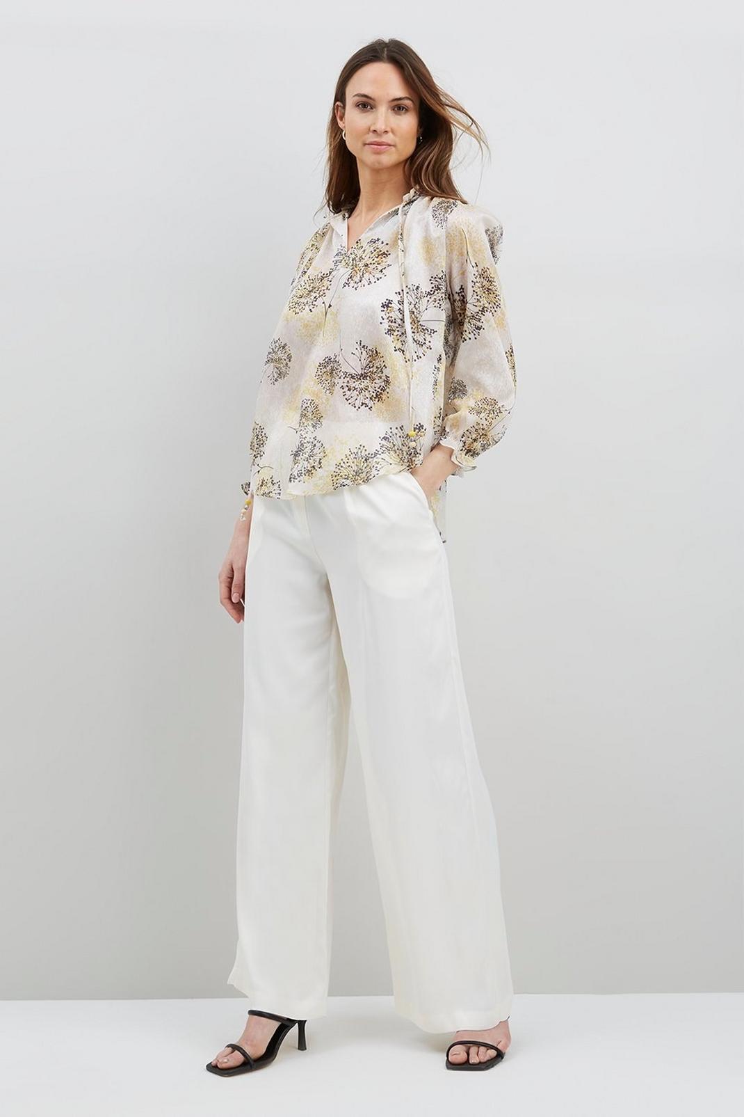 White Ivory Wide Leg Satin Trousers image number 1