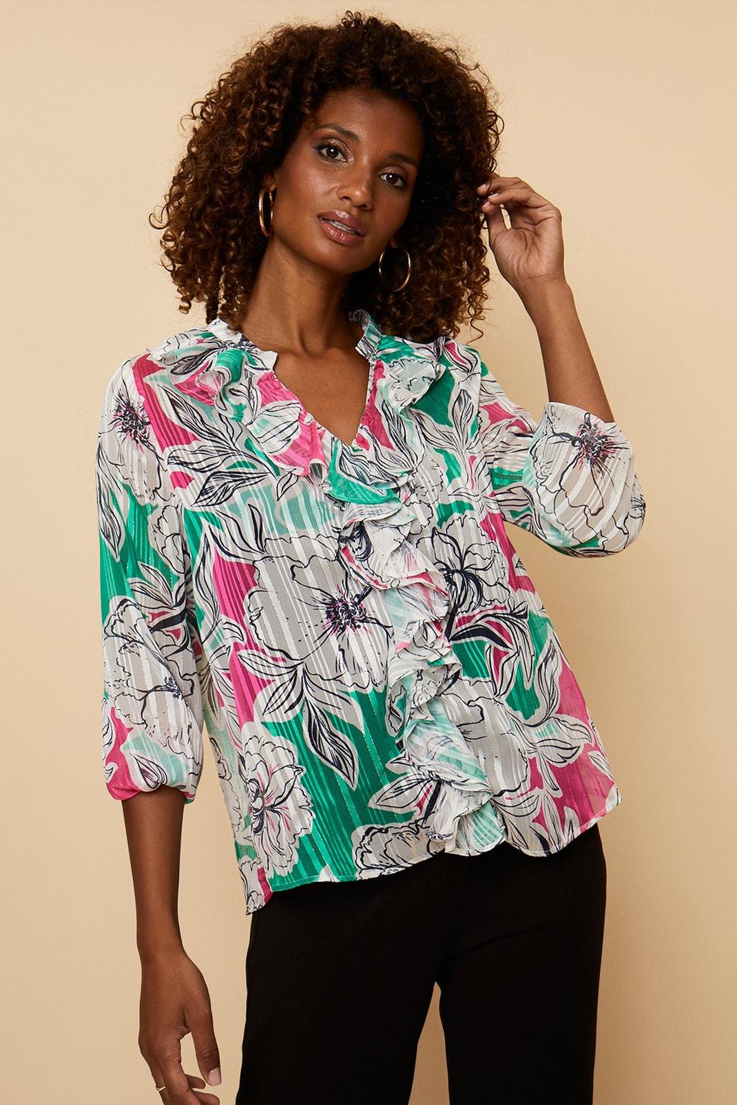 Green And Pink Floral Ruffle Top image number 1