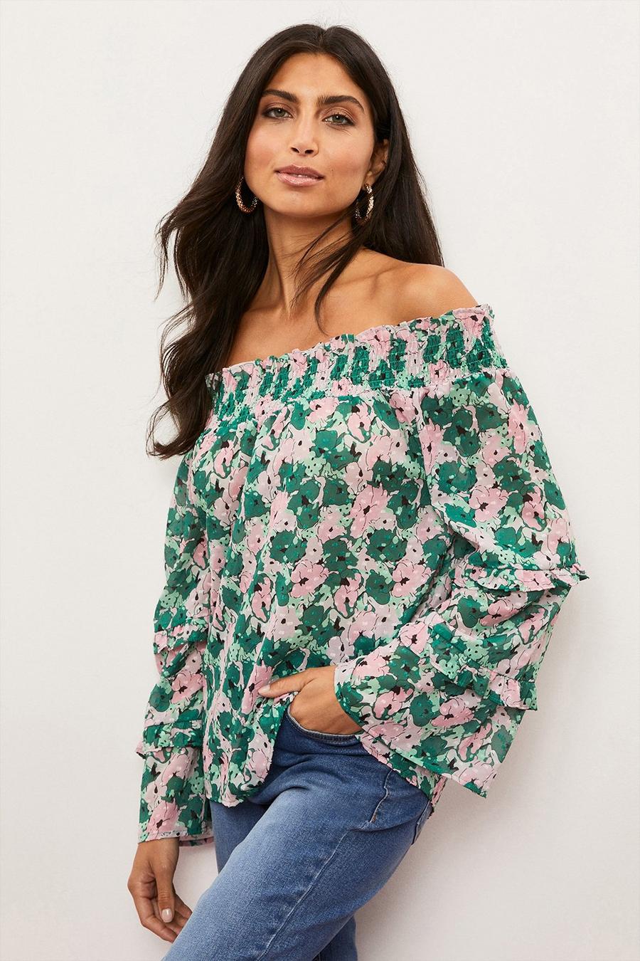 Green And Pink Poppy Bardot Top