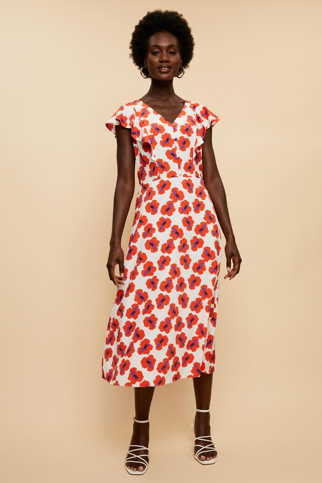 Tall Red Floral Button Through Printed Dress image number 1