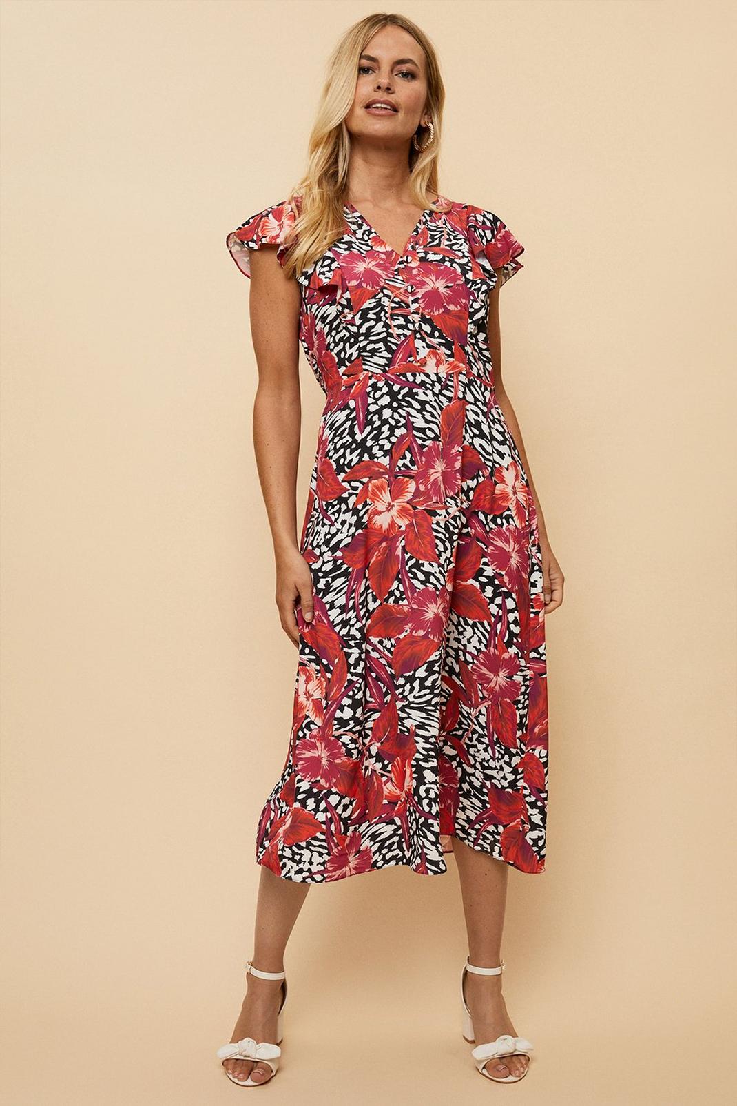 Red Petite Button Through Printed Dress image number 1