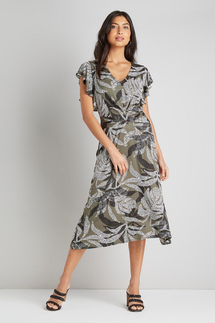 Tall Khaki Palm Twist Front Jersey Dress