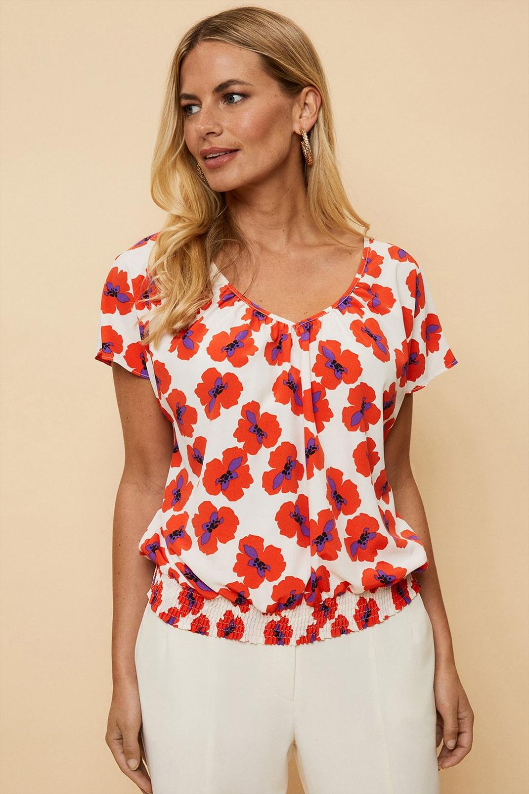 Red Petite Floral Print Ruffle Bubble Hem Top image number 1