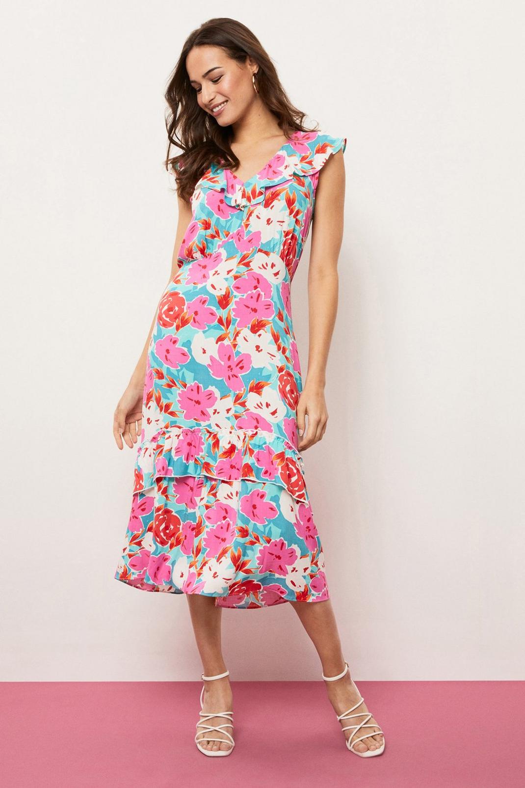 Pink Tall Floral Print Ruffle Layerd Dress image number 1