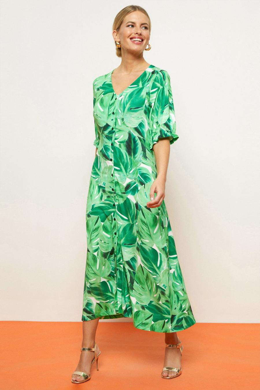Green Palm Jersey Button Through Dress