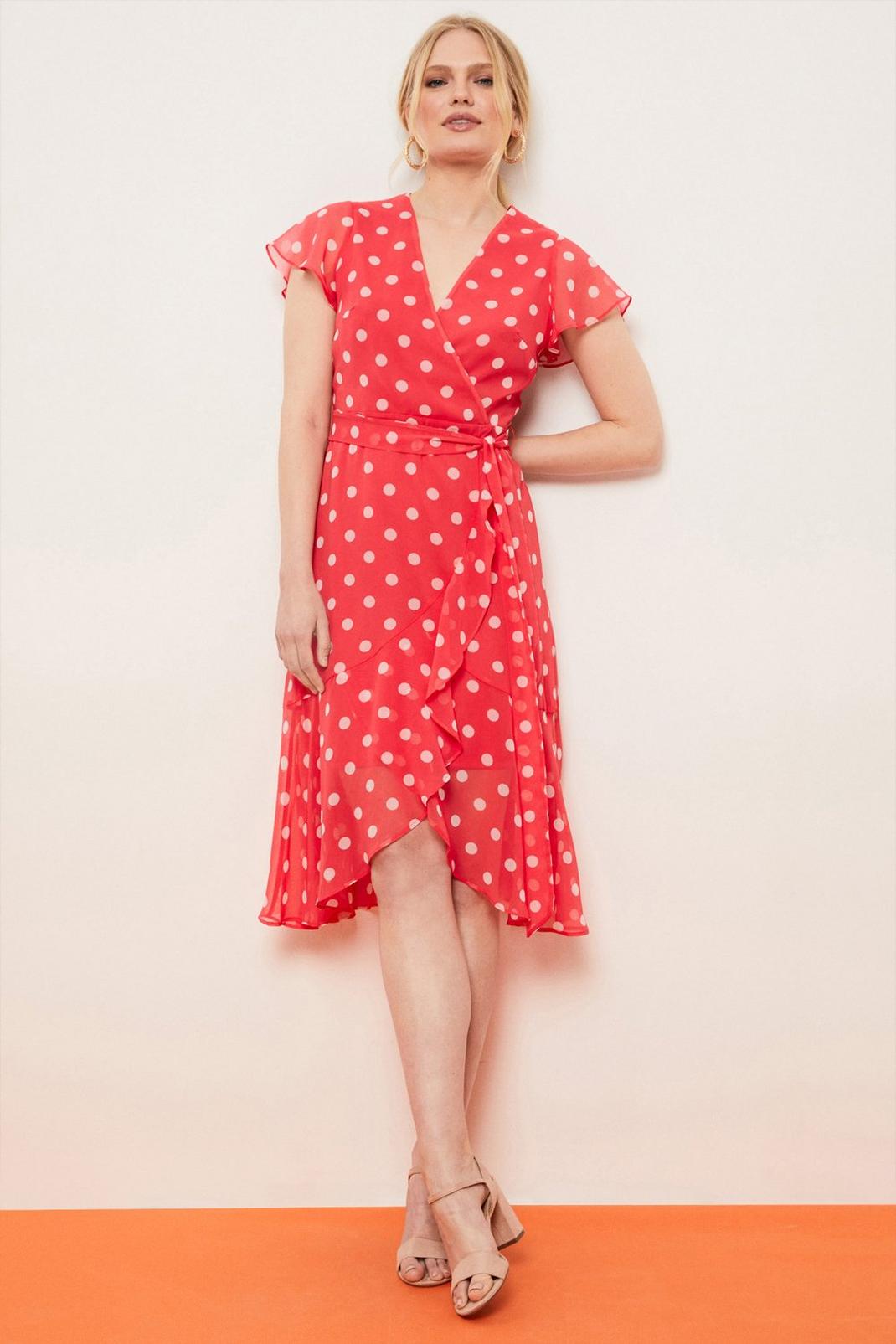 Red Petite Pink Spot Fluted Sleeve Wrap Dress image number 1