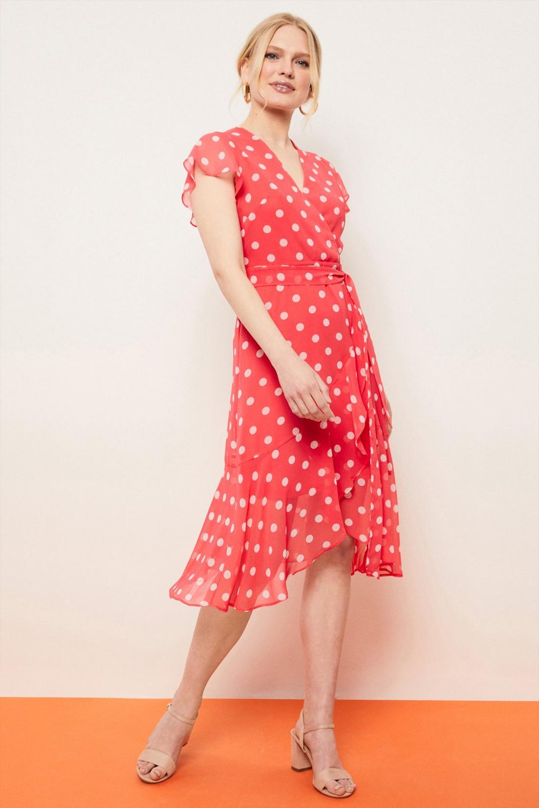 157 Petite Pink Spot Fluted Sleeve Wrap Dress image number 2
