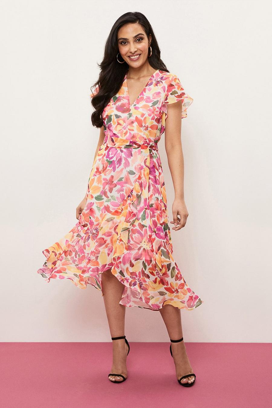 Petite Floral Fluted Sleeve Wrap Dress