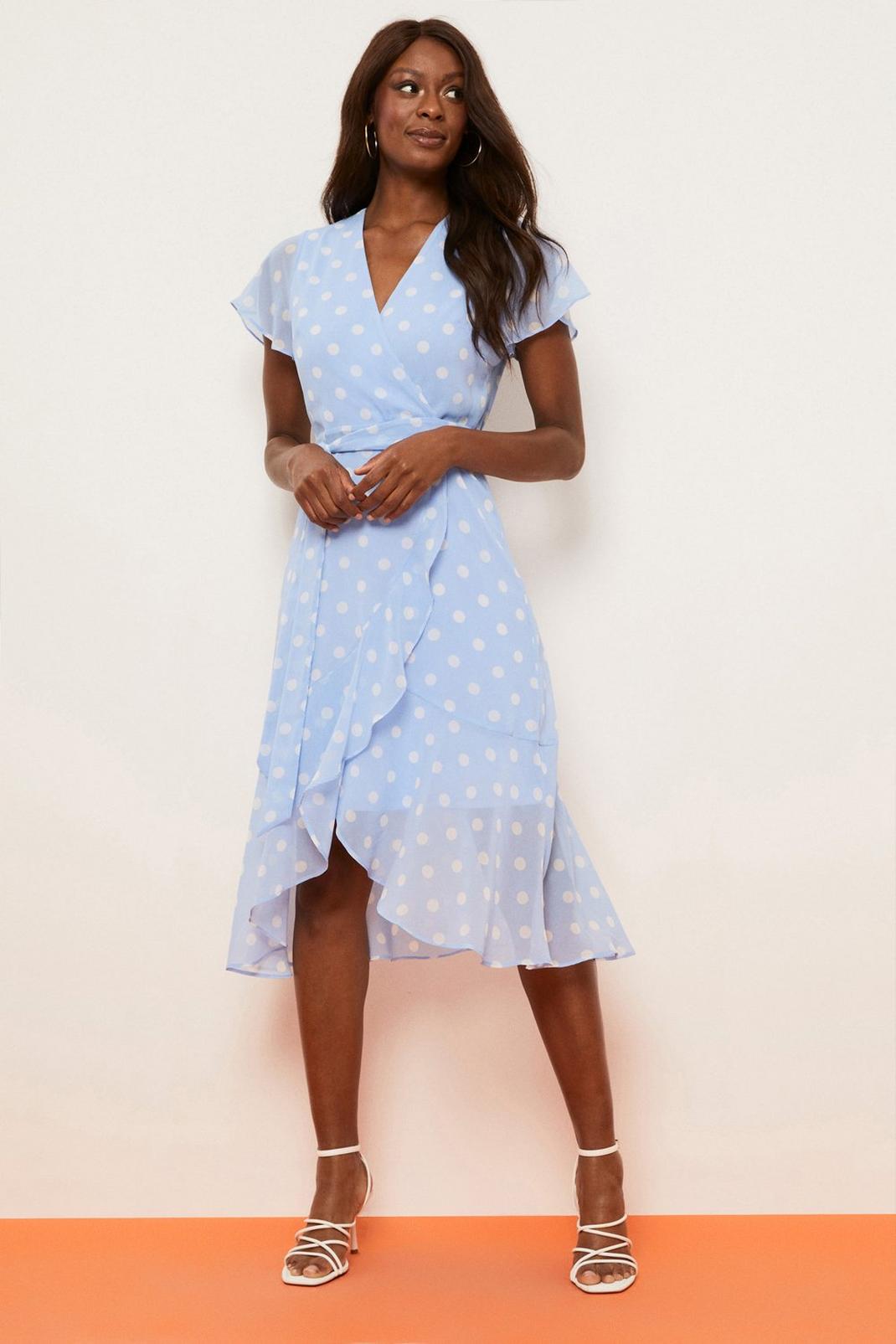 Blue Spot Printed Fluted Sleeve Wrap Dress image number 1