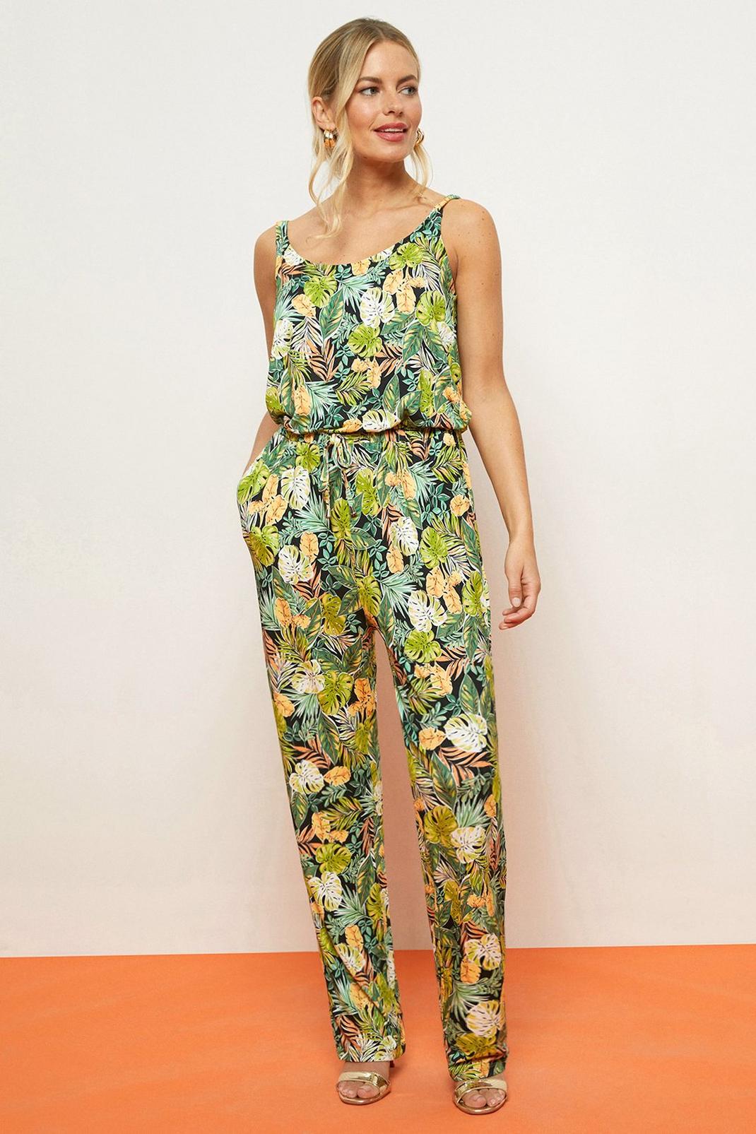 Green Palm Print Jersey Jumpsuit image number 1