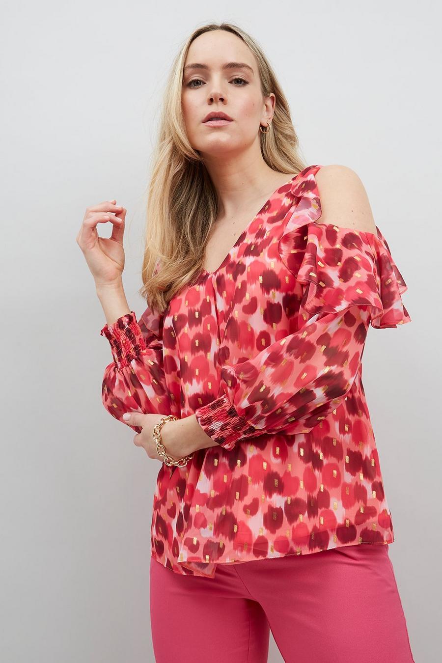 Pink Watercolour Cold Shoulder Ruffle Top