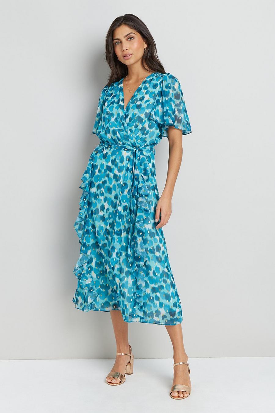Turquoise Watercolour Foil Ruffle Front Dress