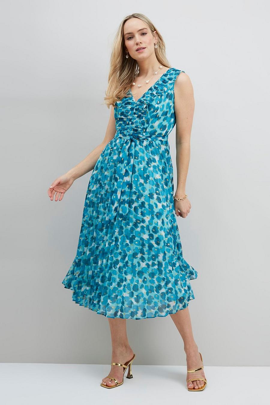 Turquoise Watercolour Foil Pleated Dress