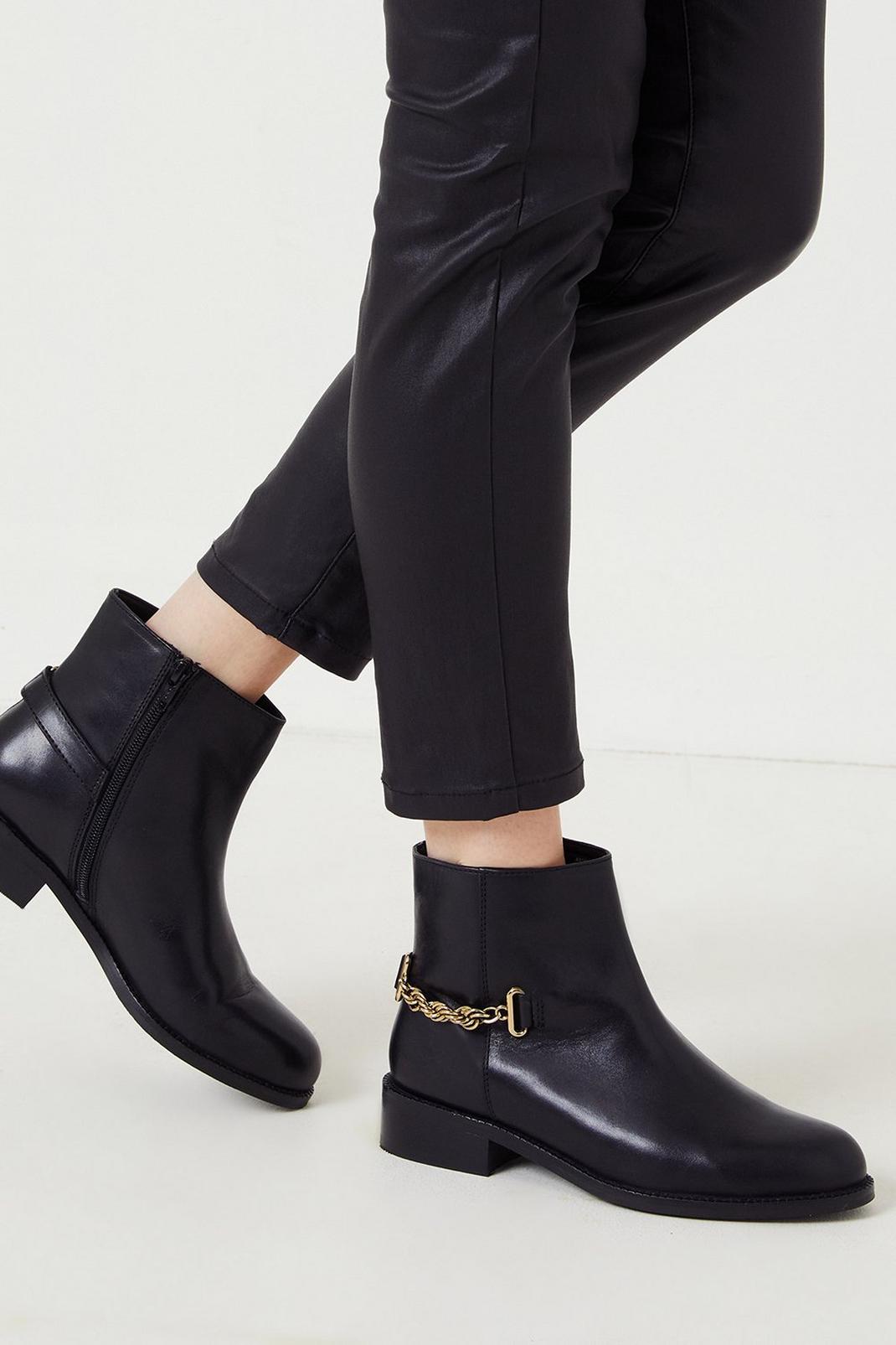 Black Leather Waterlily Snaffle Detail Ankle Boots image number 1