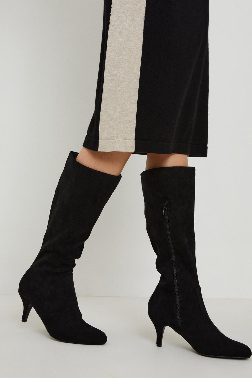 Black Kinsley Stretch Low Stiletto Heel Knee High Boots image number 1