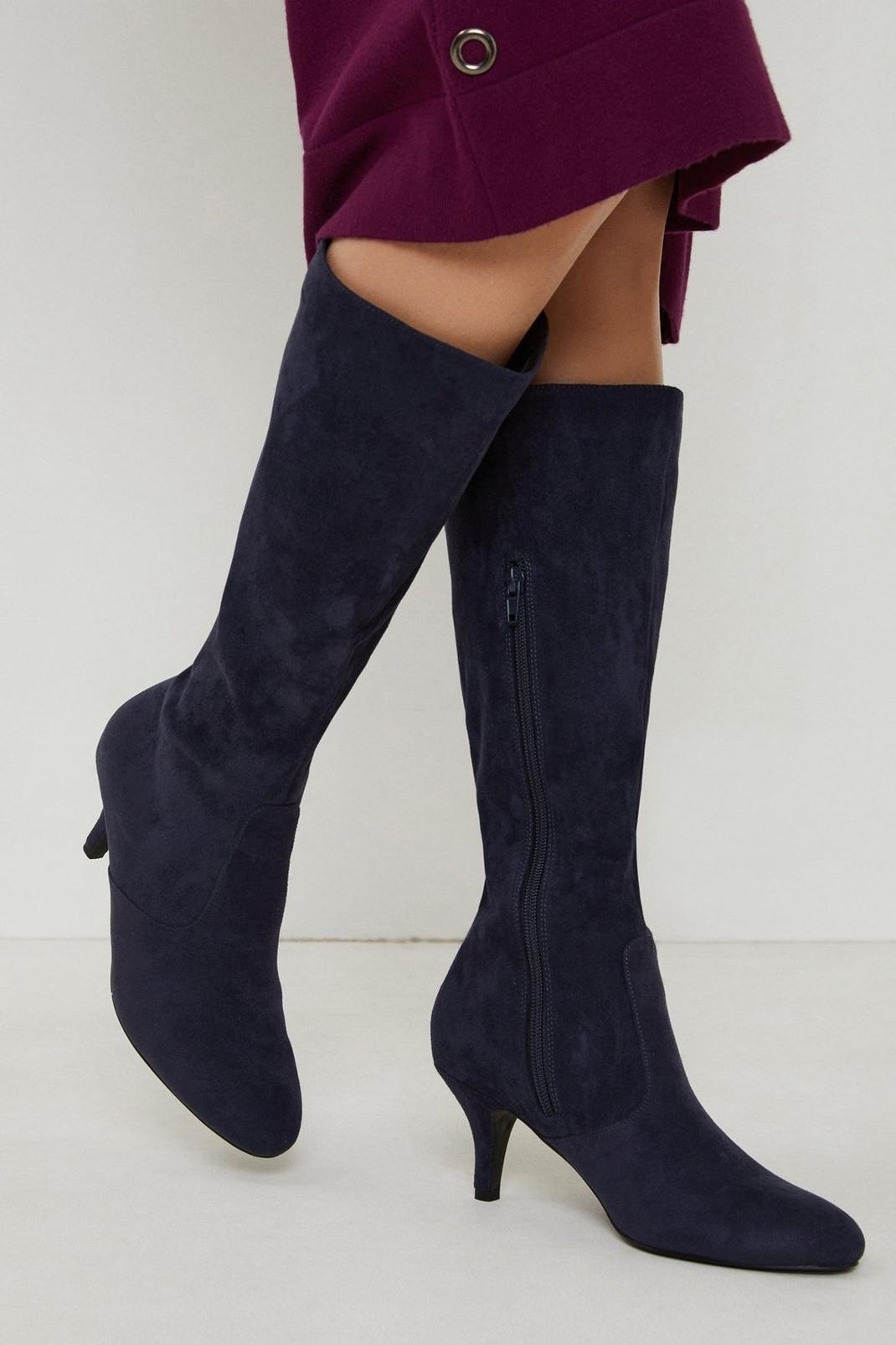 Navy Kinsley Stretch Low Stiletto Heel Knee High Boots image number 1