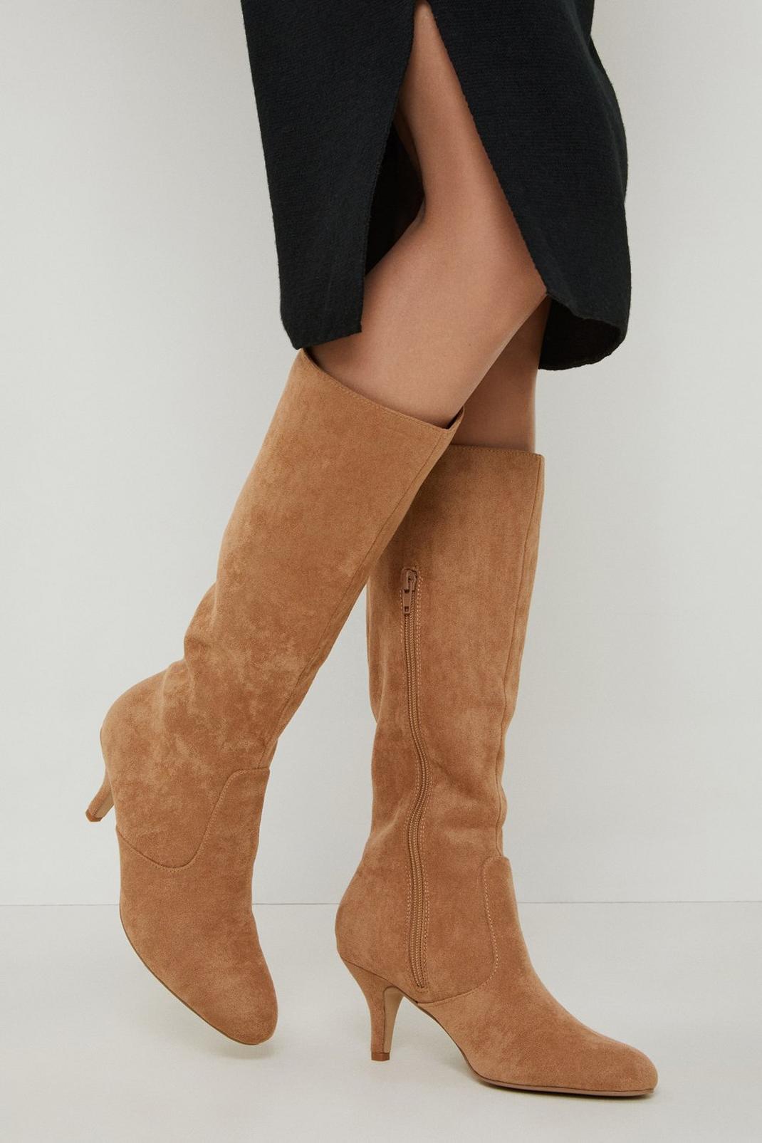 Tan Kinsley Stretch Low Stiletto Heel Knee High Boots image number 1