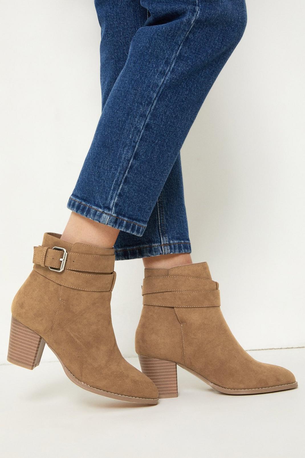 Tan Autumn Cross Strapped Heeled Ankle Boots image number 1