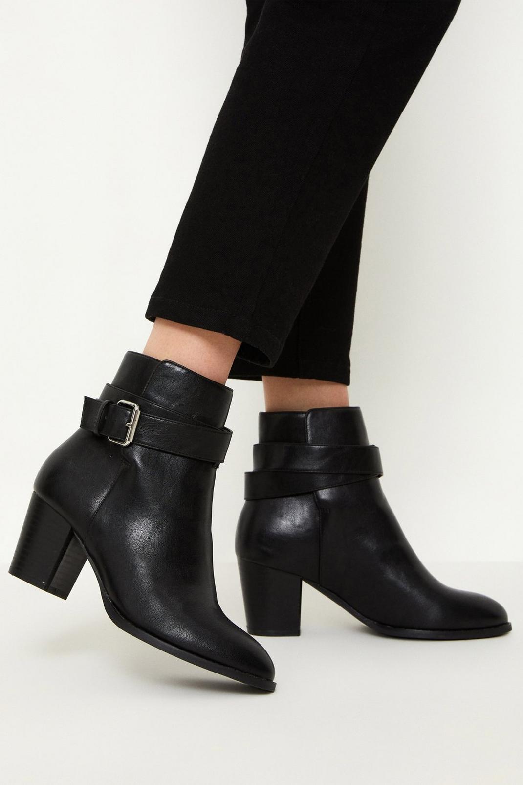 True black Autumn Cross Strapped Heeled Ankle Boots image number 1