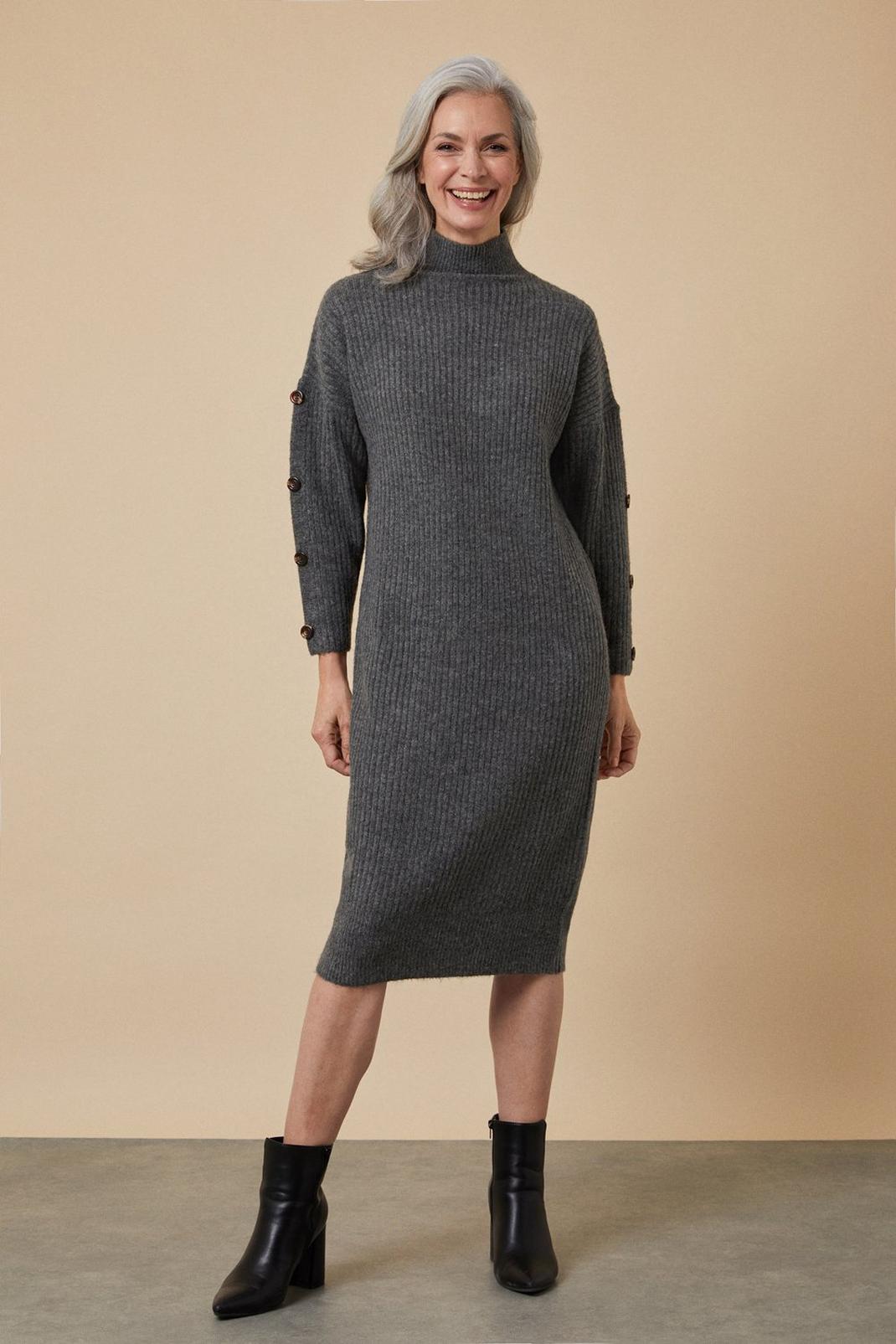 Grey Longline Button Sleeve Dress image number 1