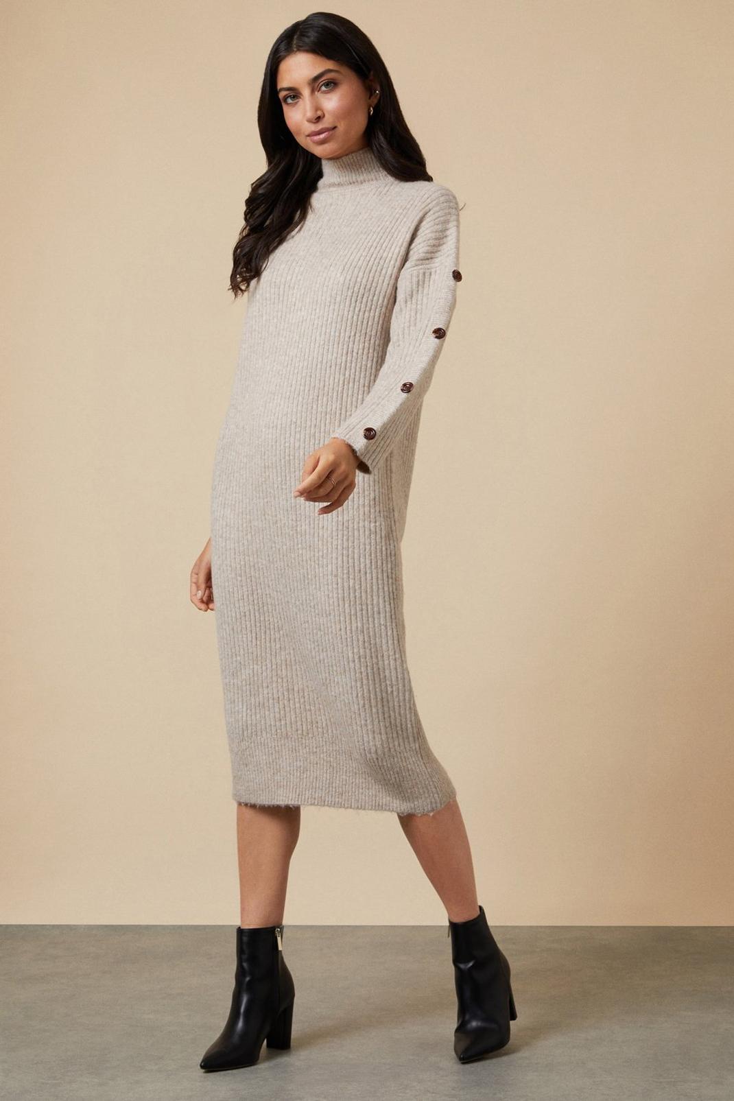 Neutral Longline Button Sleeve Dress image number 1