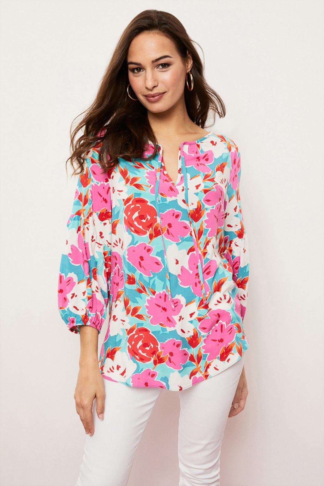 Pink Tall Floral Print Blouson Sleeve Blouse image number 1
