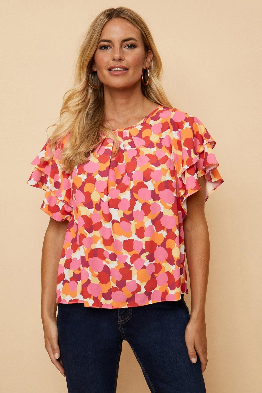 Pink Petite Spot Ruffle Sleeve Shell Top image number 1