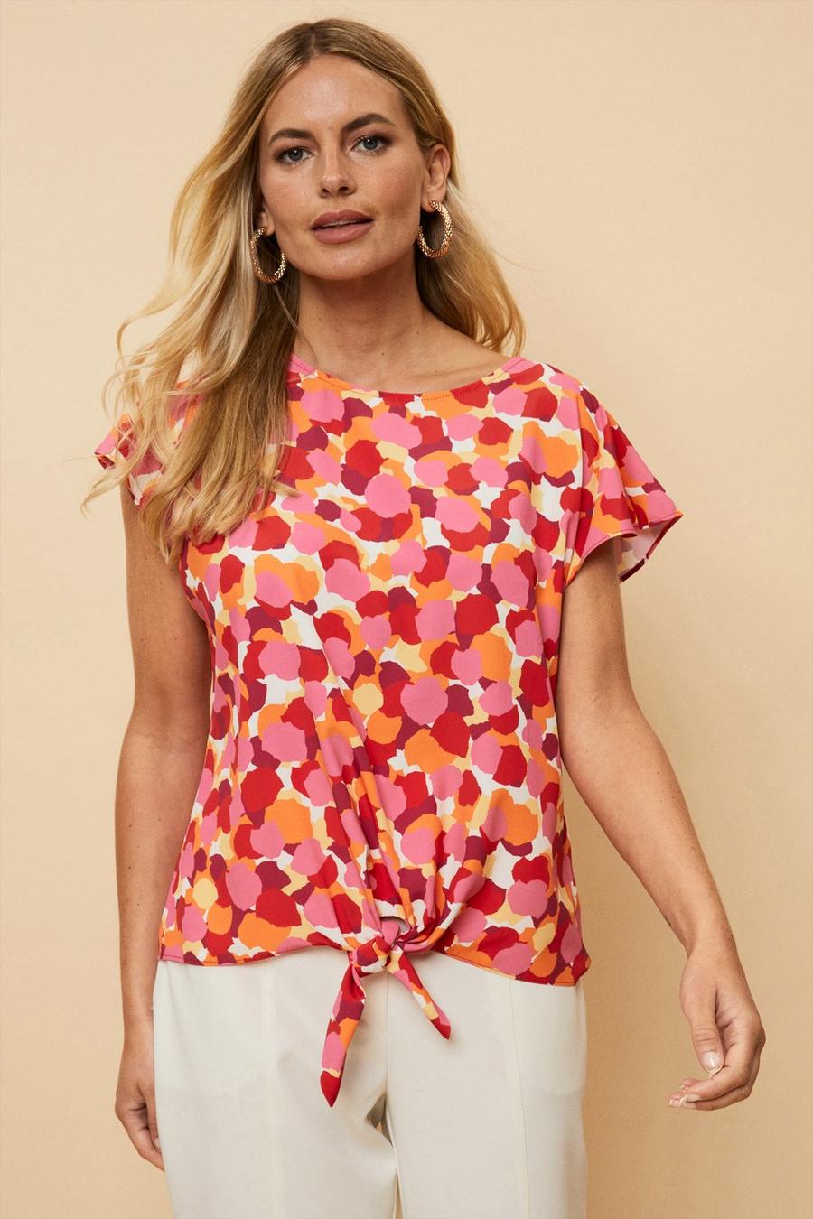 Petite Spot Printed Tie Front Knot Top