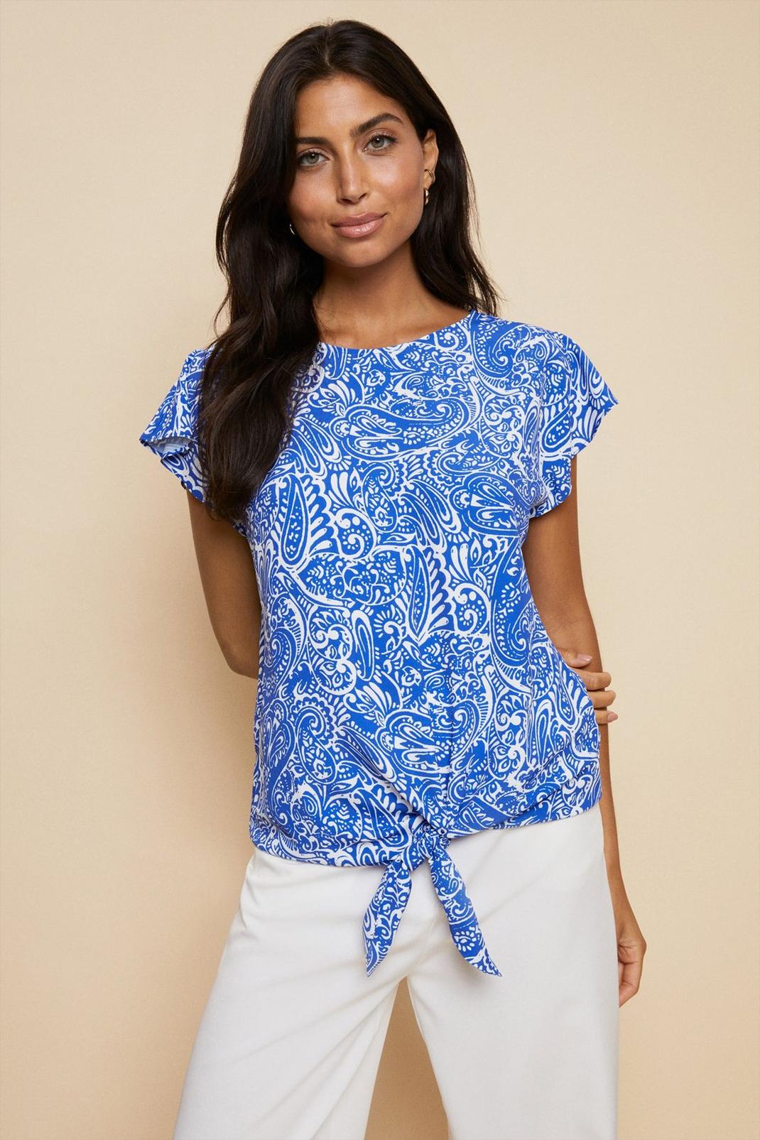 Blue Tall Large Paisley Front Knot Top image number 1