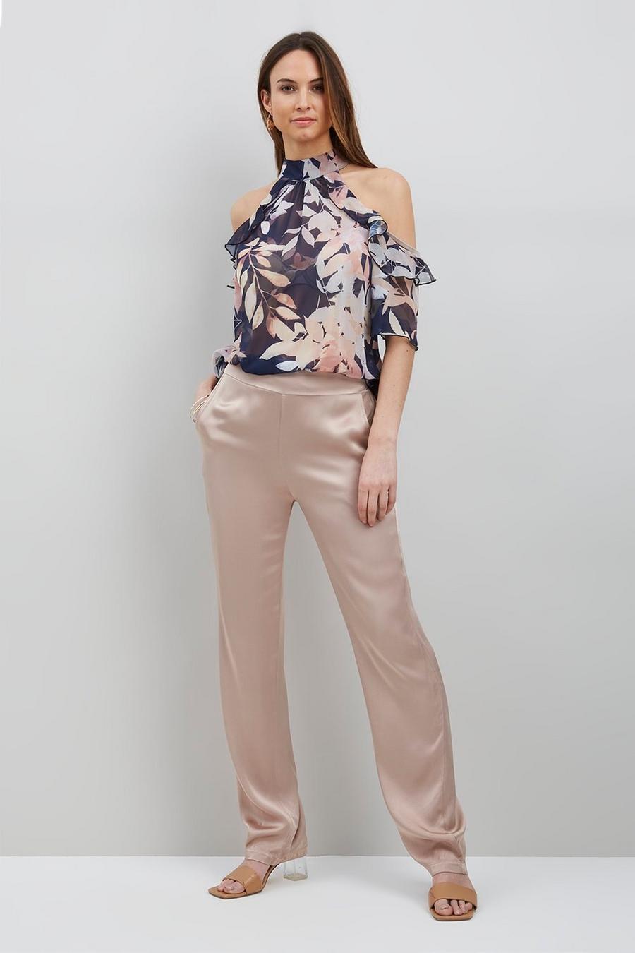 Neutral Satin Co-ord Pull On Wide Leg Trousers
