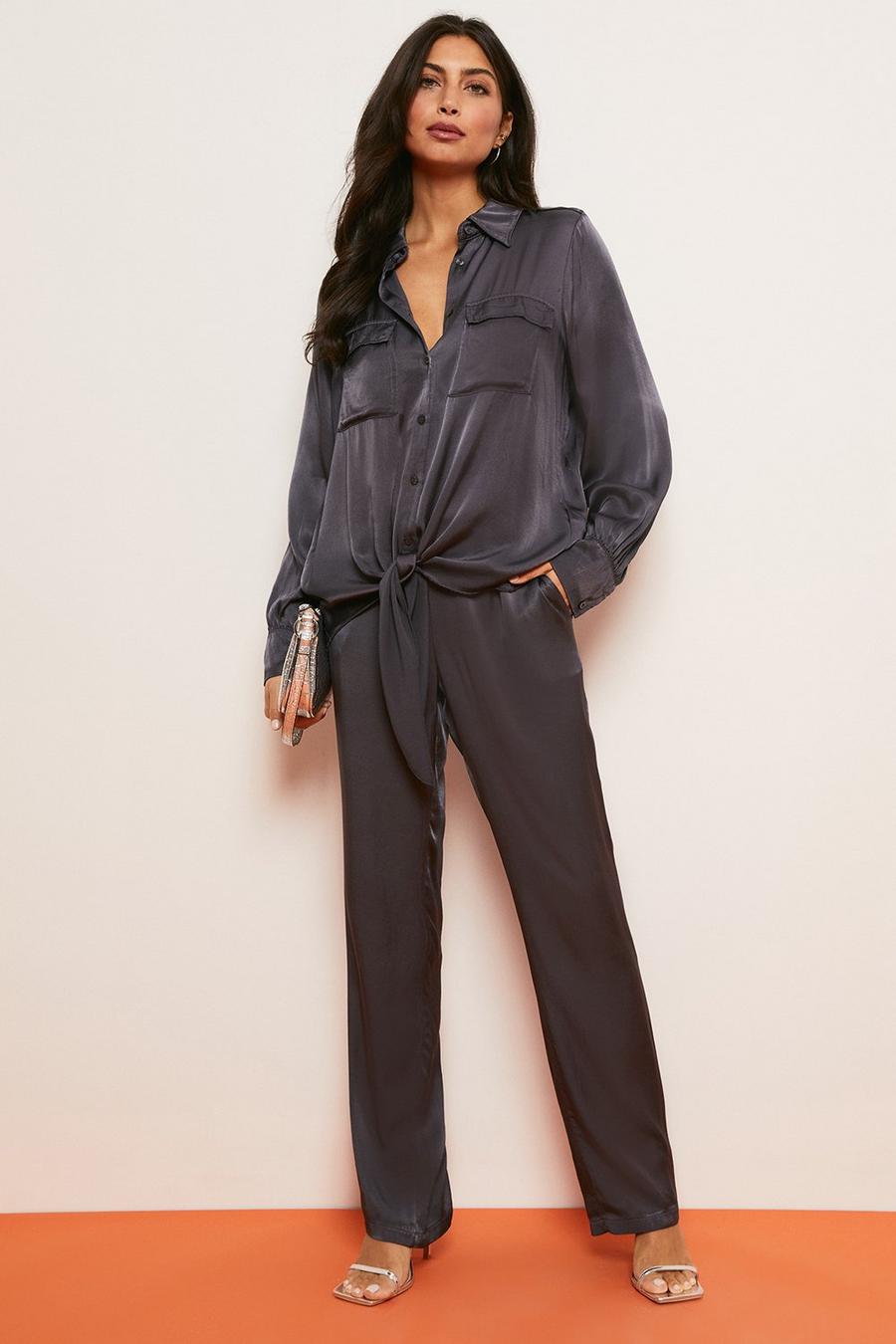 Charcoal Satin Pull On Wide Leg Trouser Co-ord